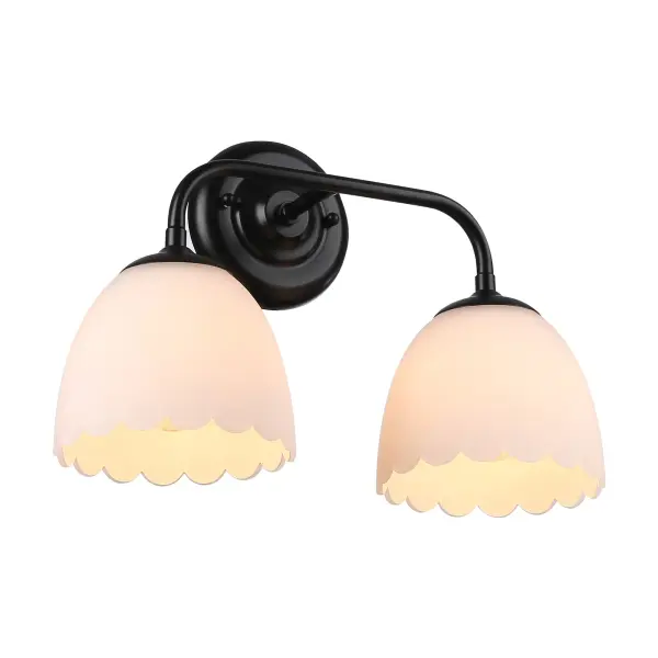 The Dorinda 2-light vanity combines timeless transitional design with practical functionality. Its matte black finish and opal glass shades create a sophisticated look while providing soft, glare-free lighting perfect for bathroom tasks.