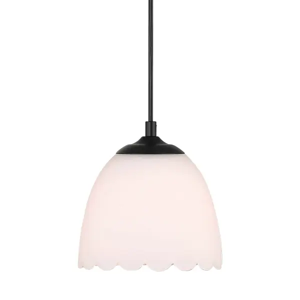 The Golden Lighting Dorinda 1-Light Pendant offers a timeless transitional design that balances vintage inspiration with modern restraint. A softly diffusing opal glass shade is paired with simple, clean hardware to create an updated classic silhouette suitable for a variety of spaces. The Matte Black finish features a deep, uniform black tone with a smooth, non-reflective surface that adds bold contrast while maintaining understated elegance. Measuring 6.5"W x 6.72"H x 6.5"D, this pendant is ideal for kitchens, dining areas, bedrooms, and entryways where focused yet decorative lighting is desired. Dry-location rated and sloped-ceiling compatible, it includes adjustable hanging height for installation flexibility and requires one E26 medium base bulb (not included). Collection: Dorinda Finish: Matte Black Glass: Opal Glass Width: 6.50" Height: 6.75" Weight: 2.86 lb Extension from Wall: 6.50" Canopy: 5.12"W x 5.12"H x 1.12"D Number of Bulbs: 1 Maximum Wattage: 100.00 W Bulb Type: A19 Bulb Base: E26 Dimmable Voltage: 120.00 V Country of Origin: China Safety Listing: ETL Manufacturer Warranty: 1 Year Limited