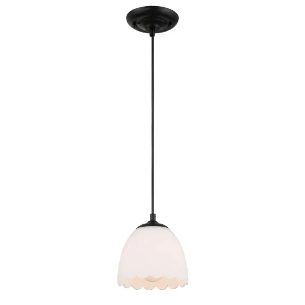 The Golden Lighting Dorinda 1-Light Pendant offers a timeless transitional design that balances vintage inspiration with modern restraint. A softly diffusing opal glass shade is paired with simple, clean hardware to create an updated classic silhouette suitable for a variety of spaces. The Matte Black finish features a deep, uniform black tone with a smooth, non-reflective surface that adds bold contrast while maintaining understated elegance. Measuring 6.5"W x 6.72"H x 6.5"D, this pendant is ideal for kitchens, dining areas, bedrooms, and entryways where focused yet decorative lighting is desired. Dry-location rated and sloped-ceiling compatible, it includes adjustable hanging height for installation flexibility and requires one E26 medium base bulb (not included). Collection: Dorinda Finish: Matte Black Glass: Opal Glass Width: 6.50" Height: 6.75" Weight: 2.86 lb Extension from Wall: 6.50" Canopy: 5.12"W x 5.12"H x 1.12"D Number of Bulbs: 1 Maximum Wattage: 100.00 W Bulb Type: A19 Bulb Base: E26 Dimmable Voltage: 120.00 V Country of Origin: China Safety Listing: ETL Manufacturer Warranty: 1 Year Limited - alternate view