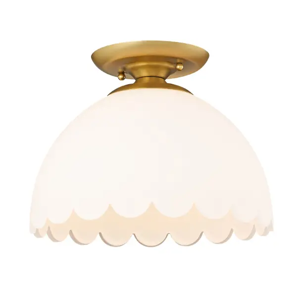 The Dorinda semi-flush mount combines transitional sophistication with practical functionality. Its brushed champagne brass finish and opal glass shade create a soft, welcoming glow perfect for mid-height ceilings.