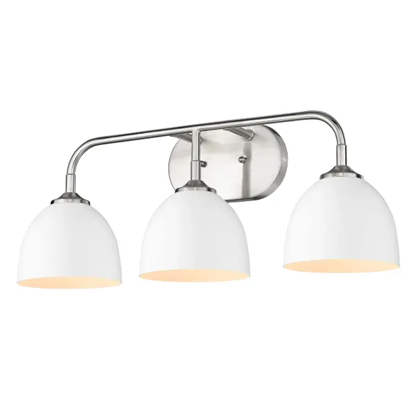 The Zoey 3-Light Vanity combines rustic farmhouse charm with practical design. Its pewter finish and matte white shades create a welcoming atmosphere while providing ample illumination. Damp-rated for bathroom use with quality construction.