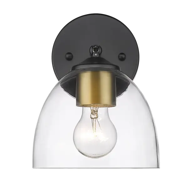 The Roxie wall sconce combines matte black finish with champagne brass accents and clear glass for a sophisticated look. Its adjustable directional head allows customized lighting, while damp location rating makes it bathroom-safe. - alternate view