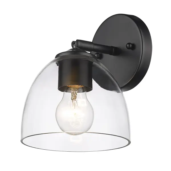 The Roxie wall sconce blends modern sophistication with classic charm, featuring a clear glass shade and matte black finish. With adjustable directional heads and damp location rating, it's perfect for bathrooms and hallways.