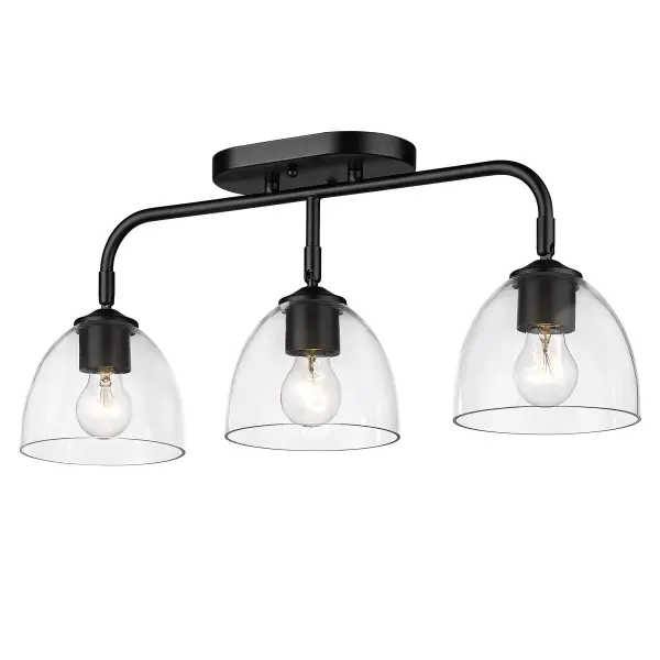 The Roxie 3-light semi-flush mount combines timeless matte black styling with practical adjustable heads, making it ideal for mid-height ceilings. Clear glass shades showcase decorative bulbs while providing brilliant light.