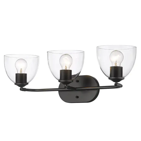 The Roxie 3-Light Vanity combines clean modern style with practical functionality. Its matte black finish and clear glass shades create a sophisticated look while adjustable directional heads allow customized lighting.