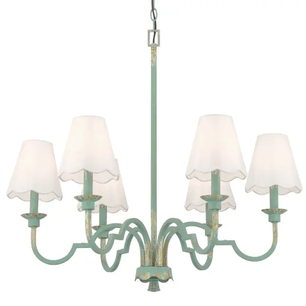 The Cheshire chandelier combines formal European heritage with coastal farmhouse charm. Its distinctive hand-painted Antique Teal finish over gold leaf creates unique character, while white rayon fabric shades with scalloped edges add sophisticated softness.