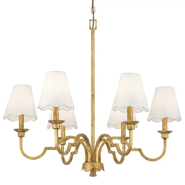 The Cheshire 6-Light Chandelier combines traditional sophistication with artisan craftsmanship. Its scalloped fabric shade and unique 'chippy' Vintage Gold finish create a warm, welcoming ambiance perfect for formal and casual spaces alike.