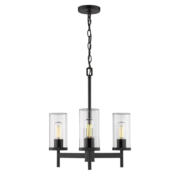 The Winslett 3-light chandelier combines timeless elegance with modern functionality. Its clear ribbed glass shades refract light beautifully while the matte black finish provides versatile style compatibility from minimalist to industrial interiors. - alternate view