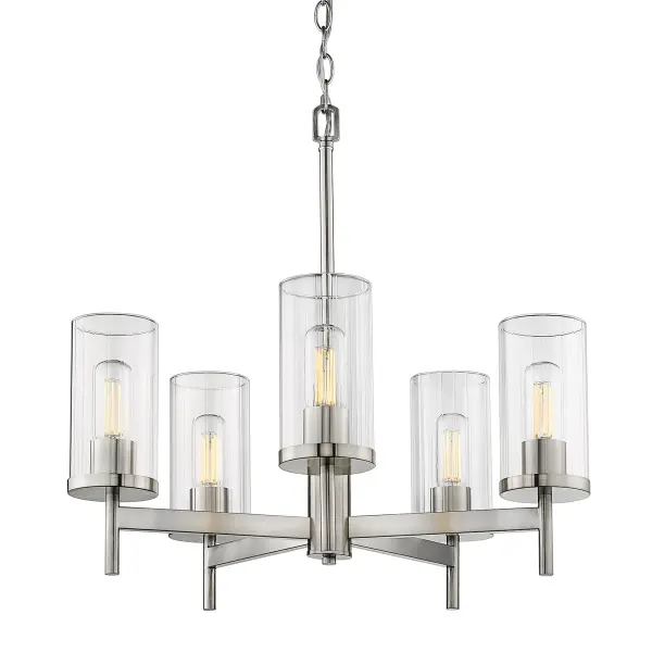The Winslett 5-light chandelier blends classic pewter finish with clear ribbed glass shades for sophisticated lighting. Its adjustable height and sloped ceiling compatibility make it versatile for various spaces.