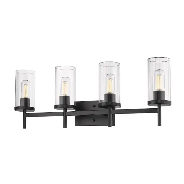 Elevate your space with the Golden Lighting Winslett 4-light Vanity in Matte Black. With clear glass shades and a matte black frame, it introduces a modern yet timeless touch. The clear glass shade features a beautiful ribbed pattern that refracts light, creating an inviting ambiance in your bathroom. Our matte black finish absorbs light while providing a non-reflective surface, enhancing the fixture's sophisticated look, adaptable to both minimalist and bold decor styles. This fixture is ideal for bathrooms needing strong illumination, being damp location rated for covered and semi-enclosed spaces. Overall Dimensions: 31.75"W x 11.38"H x 5.75"D. Requires 4 E26 medium base bulbs (not included), max 60 wattage per bulb. Transform your bathroom with this stylish fixture that balances form and function perfectly.