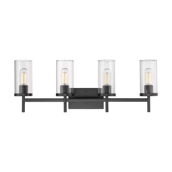 Elevate your space with the Golden Lighting Winslett 4-light Vanity in Matte Black. With clear glass shades and a matte black frame, it introduces a modern yet timeless touch. The clear glass shade features a beautiful ribbed pattern that refracts light, creating an inviting ambiance in your bathroom. Our matte black finish absorbs light while providing a non-reflective surface, enhancing the fixture's sophisticated look, adaptable to both minimalist and bold decor styles. This fixture is ideal for bathrooms needing strong illumination, being damp location rated for covered and semi-enclosed spaces. Overall Dimensions: 31.75"W x 11.38"H x 5.75"D. Requires 4 E26 medium base bulbs (not included), max 60 wattage per bulb. Transform your bathroom with this stylish fixture that balances form and function perfectly. - alternate view