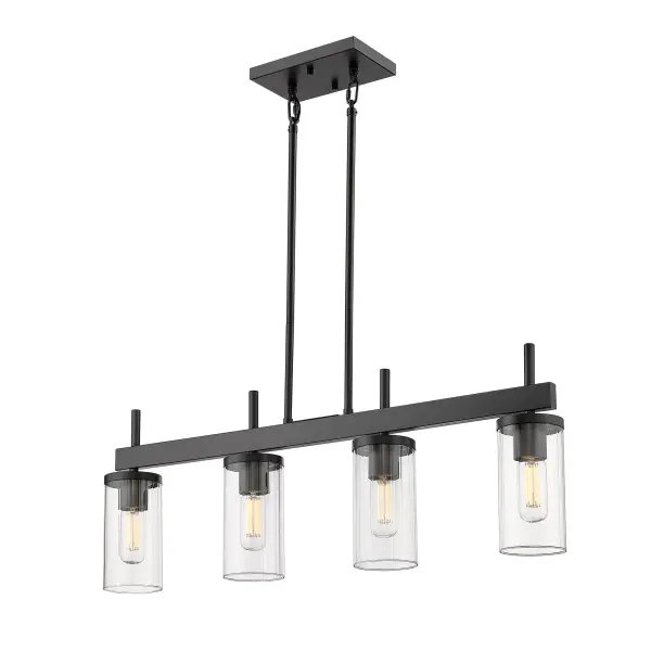 The Winslett 4-Light Island Light combines matte black framing with ribbed clear glass shades to create a versatile fixture that works beautifully in transitional, contemporary, and industrial spaces. Perfect for kitchen islands.