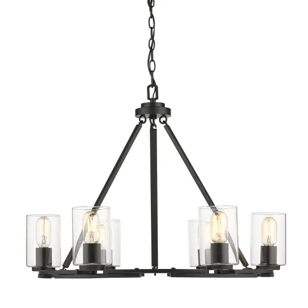 The Monroe chandelier combines industrial style with modern sophistication through its matte black frame and clear glass shades. The 6-light configuration provides ample illumination while the adjustable height and sloped-ceiling compatibility offer exceptional installation flexibility.