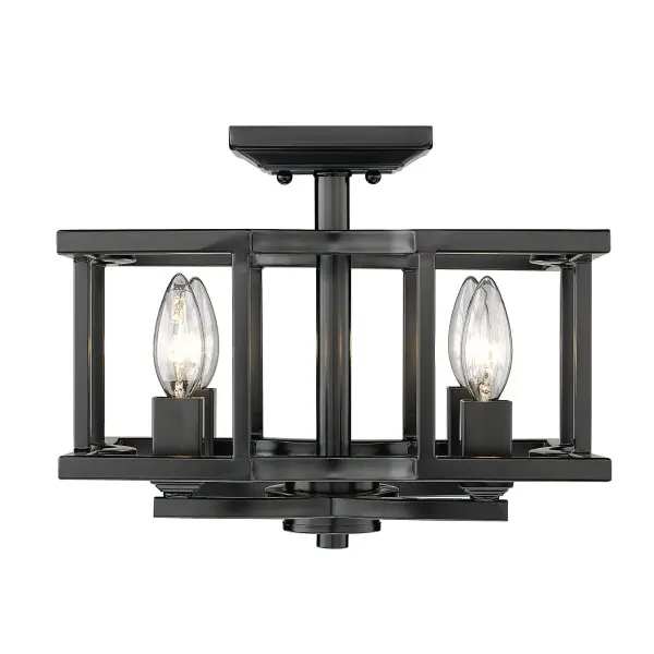 Bring modern elegance into your home with the Wry Lighting Bellare 4-light Semi-Flush Mount in Matte Black. This fixture showcases a refined frame and embodies a clean aesthetic, making it an ideal choice for both transitional and modern spaces. The design features no shade, highlighting the stunning candelabra style within a geometric framework, which creates an eye-catching centerpiece. Its Matte Black finish is not only sleek and modern but also matches various decors from minimalist to bold styles. This light fixture is damp location rated, making it suitable for covered spaces, including entryways, kitchens, and living rooms. Overall Dimensions: 12.5"W x 10.25"H x 12.5"D. Requires 4 E12 Candelabra base bulbs (not included), max 60 watts each, providing ample illumination for any space. Elevate your home with the Wry Lighting Bellare, it's the perfect blend of style and functionality. Collection: Bellare Rooms: Bath,Living,Hall,Accent Finish: Matte Black Notes: Fixture is convertible from semi-flush to pendant. Additional fixture chain for pendant included. Width: 12.50" Height: 10.25" Length: 12.50" Weight: 7.17 lb Extension from Wall: 12.50" Wire: 8`` Canopy: 5"W x 5"H x 1"D Number of Bulbs: 4 Maximum Wattage: 60.00 W Bulb Type: CA10 Bulb Base: E12 Light Source: Incandescent Dimmable Voltage: 120.00 V Material: Steel Country of Origin: China Safety Listing: ETL Safety Rating: Damp Connection: Hardware Manufacturer Warranty: 1 Year Limited Instructions Parts Diagram - alternate view