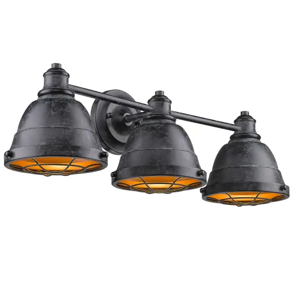 The Bartlett 3-light vanity combines industrial style with refined elegance through its Black Patina finish—a soft black base with light gray chalky wash that creates a subtly aged appearance. Perfect for modern and traditional bathrooms alike. - alternate view