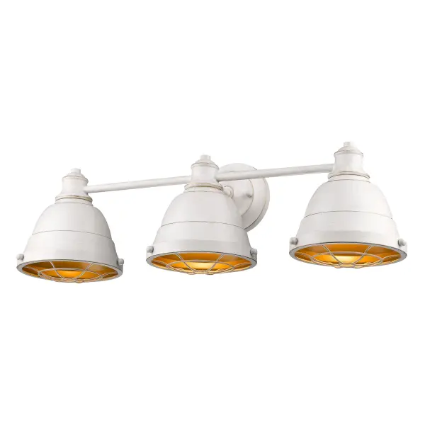 The Bartlett 3-Light Vanity combines traditional French country charm with industrial accents. Its French White finish features soft off-white tones over gold undertones with a brushed texture, creating provincial warmth perfect for bathrooms.