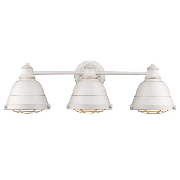 The Bartlett 3-Light Vanity combines traditional French country charm with industrial accents. Its French White finish features soft off-white tones over gold undertones with a brushed texture, creating provincial warmth perfect for bathrooms. - alternate view