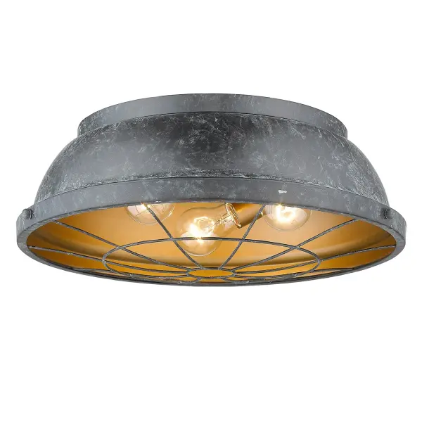Elevate your home with the Golden Lighting Bartlett 3-light Flush Mount. Featuring a metal shade and a captivating Black Patina frame, this fixture effortlessly combines elegance with a touch of industrial flair. The metal shade diffuses light warmly and complements the finish, which is artfully treated to highlight forms with a subtle, weathered appearance. This flush mount is ideal for low ceilings in hallways, bathrooms, and closets, and it holds a damp location rating, making it suitable for semi-enclosed areas. Overall Dimensions: 16.5"W x 5.75"H x 16.5"D. Requires 3 E26 Medium base bulbs (not included), with a maximum wattage of 60 per bulb. Experience the perfect blend of utility and style, creating an atmosphere that feels both historic and modern.