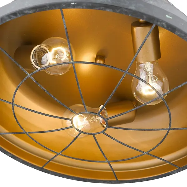 Elevate your home with the Golden Lighting Bartlett 3-light Flush Mount. Featuring a metal shade and a captivating Black Patina frame, this fixture effortlessly combines elegance with a touch of industrial flair. The metal shade diffuses light warmly and complements the finish, which is artfully treated to highlight forms with a subtle, weathered appearance. This flush mount is ideal for low ceilings in hallways, bathrooms, and closets, and it holds a damp location rating, making it suitable for semi-enclosed areas. Overall Dimensions: 16.5"W x 5.75"H x 16.5"D. Requires 3 E26 Medium base bulbs (not included), with a maximum wattage of 60 per bulb. Experience the perfect blend of utility and style, creating an atmosphere that feels both historic and modern. - alternate view