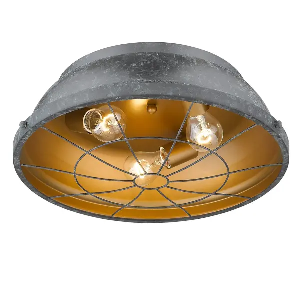 Elevate your home with the Golden Lighting Bartlett 3-light Flush Mount. Featuring a metal shade and a captivating Black Patina frame, this fixture effortlessly combines elegance with a touch of industrial flair. The metal shade diffuses light warmly and complements the finish, which is artfully treated to highlight forms with a subtle, weathered appearance. This flush mount is ideal for low ceilings in hallways, bathrooms, and closets, and it holds a damp location rating, making it suitable for semi-enclosed areas. Overall Dimensions: 16.5"W x 5.75"H x 16.5"D. Requires 3 E26 Medium base bulbs (not included), with a maximum wattage of 60 per bulb. Experience the perfect blend of utility and style, creating an atmosphere that feels both historic and modern. - alternate view