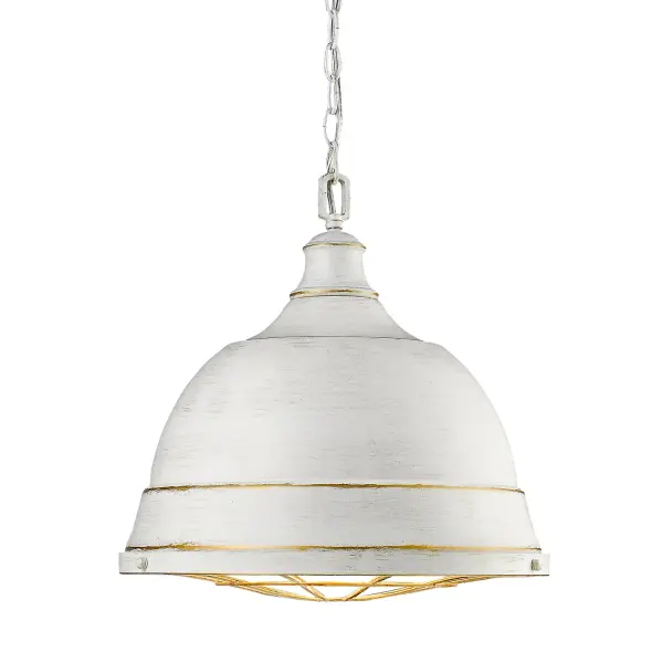 Bring rustic elegance into your home with the Golden Lighting Bartlett 2-light Pendant in French White. Featuring a metal shade and a French White frame, it creates a welcoming atmosphere. This metal shade provides a perfectly diffused light that highlights the deep, linear texture of its surface. The French White finish showcases tonal variation with hints of warm gold undercoat, embodying a shabby-chic style. Perfect for kitchens, dining rooms, or bedrooms, this fixture is damp location rated, making it suitable for covered or semi-enclosed spaces. Installation is simplified as it is sloped-ceiling compatible and features adjustable height from 19.5" to 91.5". Dimensions: 16.5"W x 15.88"H x 16.5"D. Requires 2 E26 medium base bulbs (not included), maximizing at 100 watts each. Elevate your space with this stylish pendant, combining artisanal character with quality craftsmanship.