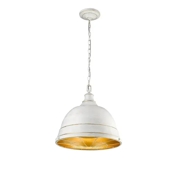 Bring rustic elegance into your home with the Golden Lighting Bartlett 2-light Pendant in French White. Featuring a metal shade and a French White frame, it creates a welcoming atmosphere. This metal shade provides a perfectly diffused light that highlights the deep, linear texture of its surface. The French White finish showcases tonal variation with hints of warm gold undercoat, embodying a shabby-chic style. Perfect for kitchens, dining rooms, or bedrooms, this fixture is damp location rated, making it suitable for covered or semi-enclosed spaces. Installation is simplified as it is sloped-ceiling compatible and features adjustable height from 19.5" to 91.5". Dimensions: 16.5"W x 15.88"H x 16.5"D. Requires 2 E26 medium base bulbs (not included), maximizing at 100 watts each. Elevate your space with this stylish pendant, combining artisanal character with quality craftsmanship. - alternate view