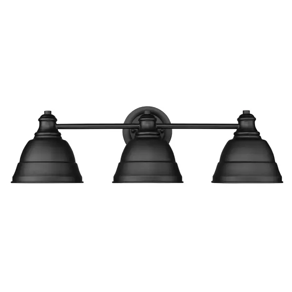 The Rebel 3-Light Vanity combines farmhouse charm with industrial style in a versatile matte black finish. Perfect for bathrooms and laundry rooms, it provides practical task lighting with a sophisticated metal shade design. - alternate view