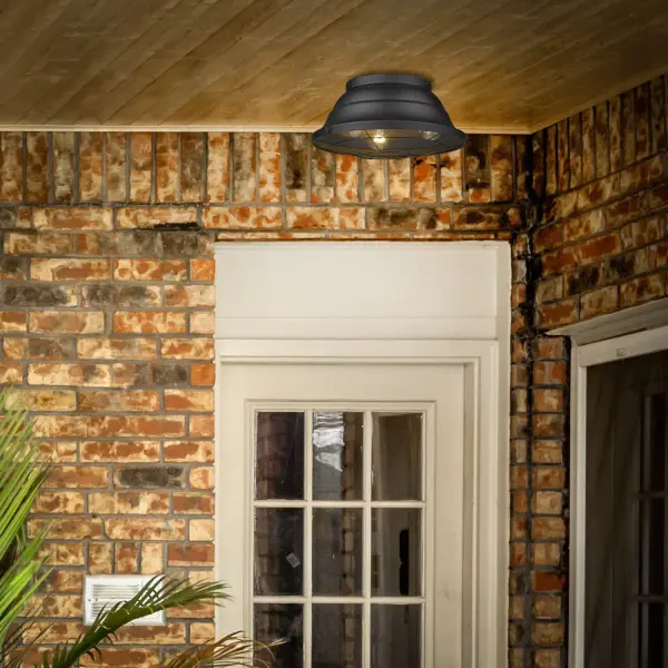 The Bartlett 3-light outdoor ceiling fixture combines industrial elegance with farmhouse charm in a durable natural black finish. Perfect for porches, gazebos, and outdoor kitchens, this damp-rated fixture delivers reliable performance. - alternate view