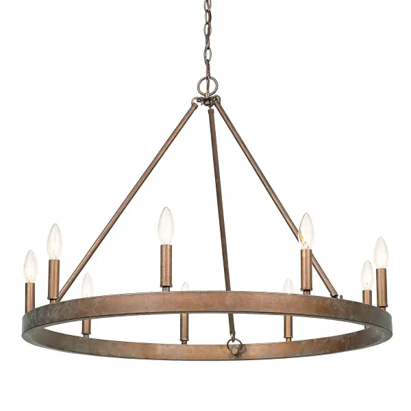 Bring rustic elegance into your home with the Wry Lighting Carraway 9-light Chandelier in Copper Patina. It creates a welcoming atmosphere with its classic design and rich finish. This fixture is designed without a shade, showcasing its robust structure and artisan quality. Embrace the charm of naturally aged copper while illuminating your space with a warm glow. The Copper Patina finish features a textured surface with deep, oxidized tones, making it a perfect centerpiece that feels both grand and grounded in traditional settings. Designed for dry locations, this chandelier is ideal for dining rooms, living rooms, and hallways. The adjustable height allows for customization, making it perfect for spaces with varying ceiling heights. Overall Dimensions: 32"W x 24.5"H x 32"D, requires 9 E12 candelabra base bulbs (not included), with a maximum wattage of 60 per bulb, ensuring you have all the light you need without compromising on style. Enhance your home's character with this exquisite chandelier that captures the essence of rustic living while providing brilliant illumination. Collection: Carraway Finish: Copper Patina Width: 32.00" Height: 24.50" Length: 32.00" Weight: 11.00 lb Extension from Wall: 32.00" Canopy: 4.75"W x 4.75"H x 0.75"D Number of Bulbs: 9 Maximum Wattage: 60.00 W Bulb Type: CA10 Bulb Base: E12 Light Source: Incandescent Dimmable Voltage: 120.00 V Country of Origin: China Safety Listing: ETL Manufacturer Warranty: 1 Year Limited