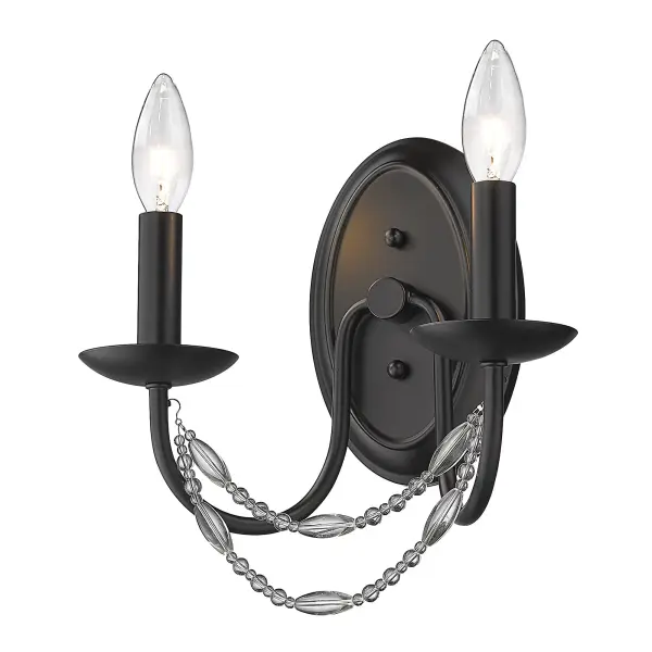 Bring glamorous elegance into your home with the Golden Lighting Mirabella 2-light Wall Sconce in Matte Black. Featuring no shade and a sleek matte black frame, it creates a welcoming atmosphere perfect for various spaces. The sconce's elegant design is complemented by draped swags of beaded glass that provide a delicate sparkle, hallmark of the Glam style. The matte black finish is timeless and endlessly versatile, making it suitable for both minimalist and bold decor. Ideal for damp locations, this fixture is perfect for bathrooms and covered porches. Requires 2 E12 candelabra base bulbs (not included) with a maximum wattage of 60 per bulb. Overall dimensions are 10.25"W x 10.5"H x 6.38"D. Elevate your interior with this stylish, quality lighting.