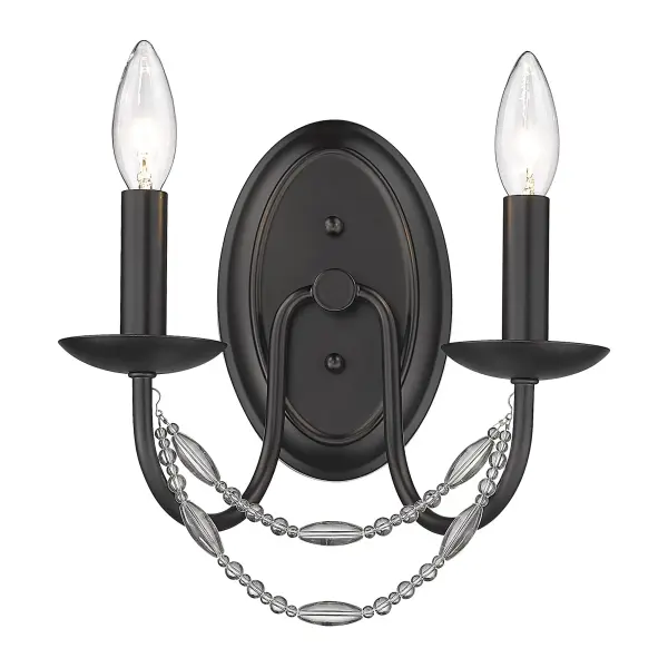 Bring glamorous elegance into your home with the Golden Lighting Mirabella 2-light Wall Sconce in Matte Black. Featuring no shade and a sleek matte black frame, it creates a welcoming atmosphere perfect for various spaces. The sconce's elegant design is complemented by draped swags of beaded glass that provide a delicate sparkle, hallmark of the Glam style. The matte black finish is timeless and endlessly versatile, making it suitable for both minimalist and bold decor. Ideal for damp locations, this fixture is perfect for bathrooms and covered porches. Requires 2 E12 candelabra base bulbs (not included) with a maximum wattage of 60 per bulb. Overall dimensions are 10.25"W x 10.5"H x 6.38"D. Elevate your interior with this stylish, quality lighting. - alternate view