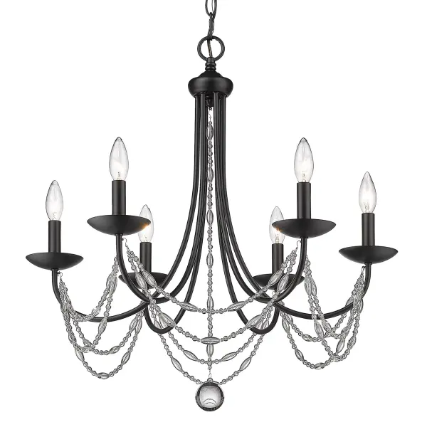 The Mirabella chandelier combines contemporary matte black framing with draped beaded glass swags for a stunning glam aesthetic. Its 6-light design provides ample illumination while the delicate glass details add sparkle and visual interest to any space.