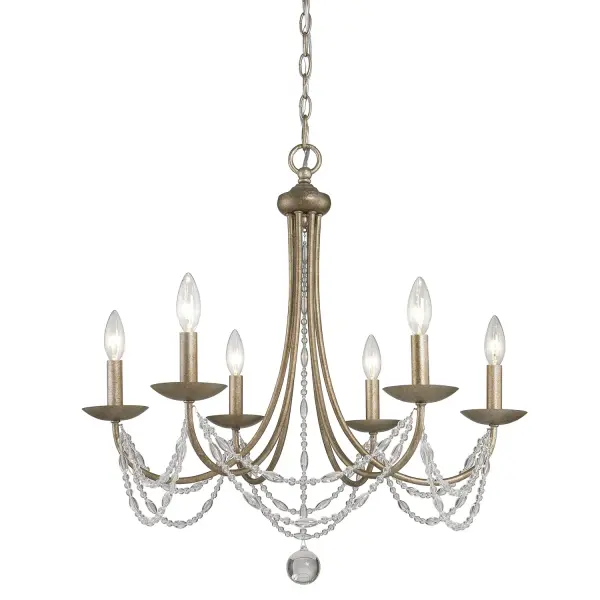 Bring traditional elegance into your home with the Golden Lighting Mirabella 6-light Chandelier. Featuring a timeless design and a Golden Aura finish, it creates a welcoming atmosphere. Draped swags of beaded glass provide a delicate, jewelry-like sparkle that enhances the overall aesthetic, while the unique finish exudes an understated, old-world elegance. The Golden Aura finish showcases a gentle, matte patina with a soft, chalky look reminiscent of antique Gesso. This luxurious finish creates an inviting glow, perfect for a variety of interior styles. Ideal for dining rooms and foyers, the chandelier is Dry Location Rated, making it perfect for indoor environments. It's Sloped-Ceiling Compatible and Adjustable in height from 27.25" to 99.25", allowing you to customize the installation to your space. Overall Dimensions: 25"W x 26"H x 25"D. Requires 6 E12 Candelabra base bulbs (not included) with a maximum wattage of 60 per bulb. Add a touch of dazzling elegance with this exquisite chandelier, offering both quality craftsmanship and timeless style.
