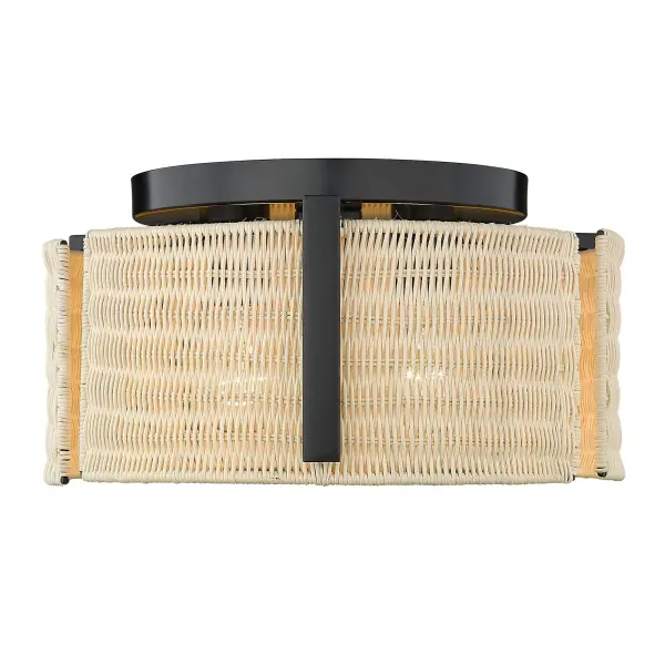 Bring a contemporary edge into your home with the Wry Lighting Grove 3-light Flush Mount. Sporting a striking Matte Black finish, it creates a stylish, sophisticated look. This elegant fixture is adorned with a Natural Wicker shade, which diffuses light beautifully, adding a touch of organic warmth to your space. The tight, clean weave creates an airy feel, perfect for modern and bohemian decor alike. Its classic Matte Black finish is versatile enough to complement numerous styles—from minimalist to industrial. This flush mount is ideal for low ceilings in hallways, closets, bathrooms, and more, and it's Damp Location Rated for added safety. Overall Dimensions: 14"W x 7"H x 14"D. Requires 3 E26 Medium base bulbs (not included). Max 100 wattage per bulb. Illuminate your home with artistry and style, bringing both function and fashion together in one exceptional fixture. Collection: Grove Finish: Matte Black Glass: Natural Wicker Width: 14.00" Height: 7.00" Length: 14.00" Weight: 3.34 lb Extension from Wall: 14.00" Canopy: 9.5"W x 9.5"H x 1"D Number of Bulbs: 3 Maximum Wattage: 60.00 W Bulb Type: A19 Bulb Base: E26 Light Source: Incandescent Dimmable Voltage: 120.00 V Country of Origin: China Safety Listing: ETL Manufacturer Warranty: 1 Year Limited