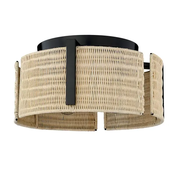 Bring a contemporary edge into your home with the Wry Lighting Grove 3-light Flush Mount. Sporting a striking Matte Black finish, it creates a stylish, sophisticated look. This elegant fixture is adorned with a Natural Wicker shade, which diffuses light beautifully, adding a touch of organic warmth to your space. The tight, clean weave creates an airy feel, perfect for modern and bohemian decor alike. Its classic Matte Black finish is versatile enough to complement numerous styles—from minimalist to industrial. This flush mount is ideal for low ceilings in hallways, closets, bathrooms, and more, and it's Damp Location Rated for added safety. Overall Dimensions: 14"W x 7"H x 14"D. Requires 3 E26 Medium base bulbs (not included). Max 100 wattage per bulb. Illuminate your home with artistry and style, bringing both function and fashion together in one exceptional fixture. Collection: Grove Finish: Matte Black Glass: Natural Wicker Width: 14.00" Height: 7.00" Length: 14.00" Weight: 3.34 lb Extension from Wall: 14.00" Canopy: 9.5"W x 9.5"H x 1"D Number of Bulbs: 3 Maximum Wattage: 60.00 W Bulb Type: A19 Bulb Base: E26 Light Source: Incandescent Dimmable Voltage: 120.00 V Country of Origin: China Safety Listing: ETL Manufacturer Warranty: 1 Year Limited - alternate view