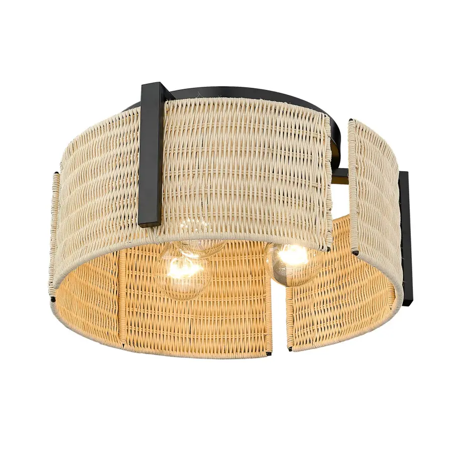 Grove Three Light Flush Mount in Matte Black with Natural Wicker - Image 3