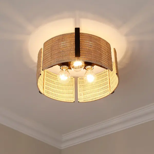 Grove Three Light Flush Mount in Matte Black with Natural Wicker - Image 5
