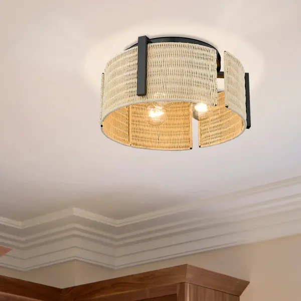 Grove Three Light Flush Mount in Matte Black with Natural Wicker - Image 6