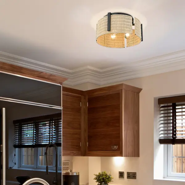 Grove Three Light Flush Mount in Matte Black with Natural Wicker - Image 7