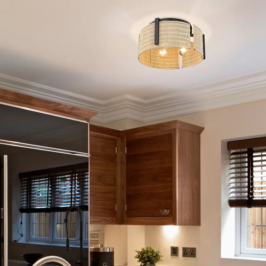 Grove Three Light Flush Mount in Matte Black with Natural Wicker - Image 7