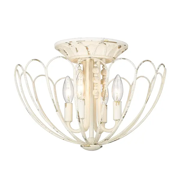 Bring coastal elegance into your home with the Wry Lighting Marguerite 4-light Semi-Flush Mount. Its Vintage Parisian White finish creates a soft, welcoming atmosphere. This fixture features no shade, allowing for an unobstructed light flow that enhances the intricate craftsmanship and vintage charm. With its romantic, distressed finish, it adds to the character of your space. Inspired by the charm of vintage flea market finds, the chipped texture and chalky matte surface evoke the feel of a cherished heirloom. Perfect for blending style and practicality in various settings. Ideal for entryways, bedrooms, kitchens, and living areas with mid-height ceilings, this semi-flush mount is Damp Location Rated, accommodating areas with occasional moisture. Overall Dimensions: 16.13"W x 11.38"H x 16.13"D. Requires 4 E12 Candelabra base bulbs (not included). Max 60 wattage per bulb. Add a touch of romantic and vintage flair to your home decor with this enchanting lighting fixture. Collection: Marguerite Finish: Vintage Parisian White Width: 16.13" Height: 11.38" Length: 16.13" Weight: 3.56 lb Extension from Wall: 16.13" Canopy: 8"W x 8"H x 1.75"D Number of Bulbs: 4 Maximum Wattage: 60.00 W Bulb Type: CA10 Bulb Base: E12 Light Source: Incandescent Dimmable Voltage: 120.00 V Country of Origin: China Safety Listing: ETL Manufacturer Warranty: 1 Year Limited