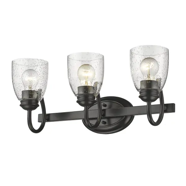 The Parrish 3-Light Vanity combines vintage-inspired seeded glass with modern matte black styling, creating a versatile fixture that works across multiple design aesthetics. Damp-rated for bathroom use with practical task lighting.