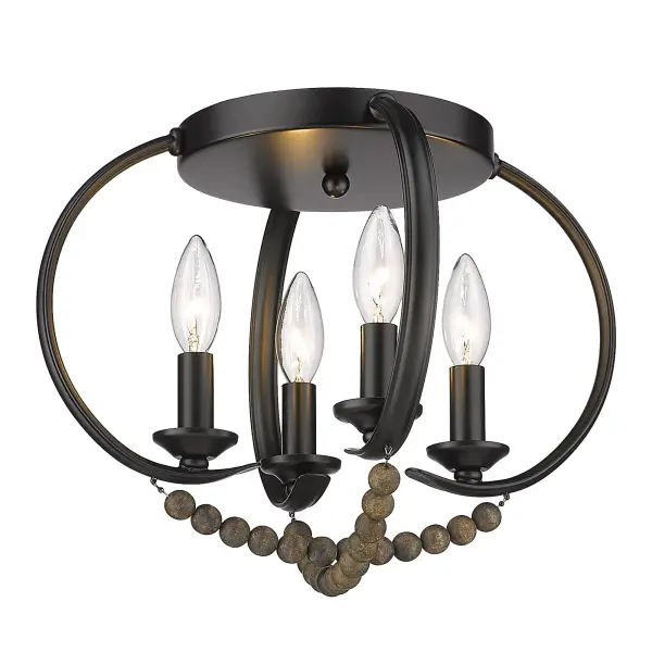 The Flori flush mount combines Boho charm with practical functionality, featuring a unique natural wood bead swag design in sophisticated Matte Black. Perfect for low ceilings and compact spaces, it's damp-rated for bathrooms.