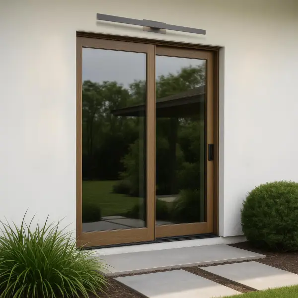 The Golden Lighting Enso combines minimalist design with advanced LED technology, offering 1336 lumens and five color temperature options. Its linear fluted texture creates dramatic light play, while the smooth grey finish adds warmth to modern outdoor spaces. - alternate view