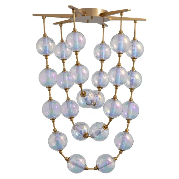 The Pearla 28" pendant transforms any space into a luxurious showcase with its captivating iridescent glass spheres and brushed champagne brass finish. Energy-efficient integrated LED technology meets dramatic design. - alternate view