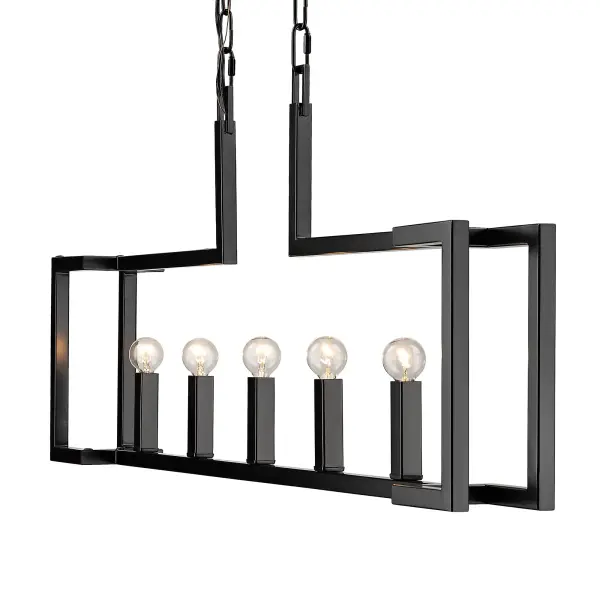 The Kinsington 5-Light Island Light combines architectural elegance with practical illumination. Its open geometric frame and matte black finish create a bold statement piece that works beautifully over kitchen islands and dining tables.
