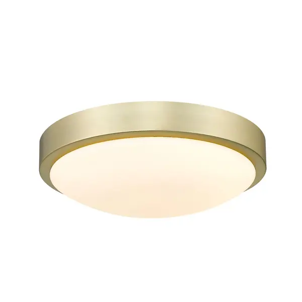 Bring modern elegance into your home with the Golden Lighting Gabi Integrated LED 10in Flush Mount. Featuring an opal glass shade and a Brushed Champagne Brass frame, it creates a welcoming atmosphere. The opal glass shade is designed to diffuse light evenly, providing a soft, glare-free glow. Timeless and elegant, it enhances the beauty of your space. The Brushed Champagne Brass finish offers understated sophistication, blending the warmth of brass with the softness of silver. Its refined texture catches the light beautifully, adding a touch of contemporary style. Ideal for low ceilings in hallways, closets, laundry areas, bathrooms, and more, this fixture is Damp Location Rated, suitable for covered and semi-enclosed spaces with occasional moisture. Overall Dimensions: 10"W x 2.88"H x 10"D. It features integrated LED technology that provides 960 rated lumens and a 3000K CCT for a warm glow. Elevate your home with this stylish fixture that perfectly balances functionality and modern design.