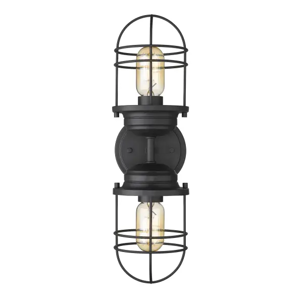 Bring coastal elegance into your home with the Golden Lighting Seaport 2-light Vanity in Matte Black. Featuring a metal shade and a matte black frame, it creates a welcoming atmosphere. The metal shade provides a sophisticated yet casual look while the classic design ensures versatility in any space. Its matte black finish is timeless and endlessly adaptable, perfectly complementing a variety of decors from minimalist to contemporary. Brighten up bathrooms with dedicated lighting that flatters while providing practical task illumination. Damp Location Rated, it is suitable for covered and semi-enclosed spaces with occasional moisture, like bathrooms and laundry rooms. The adjustable directional heads allow you to customize the lighting to highlight specific areas or objects. Overall Dimensions: 4.63"W x 16.5"H x 6"D. Requires 2 E26 Medium base bulbs (not included) with a maximum wattage of 60 per bulb. Elevate your space with quality craftsmanship and design that resonates with charm and sophistication. - alternate view