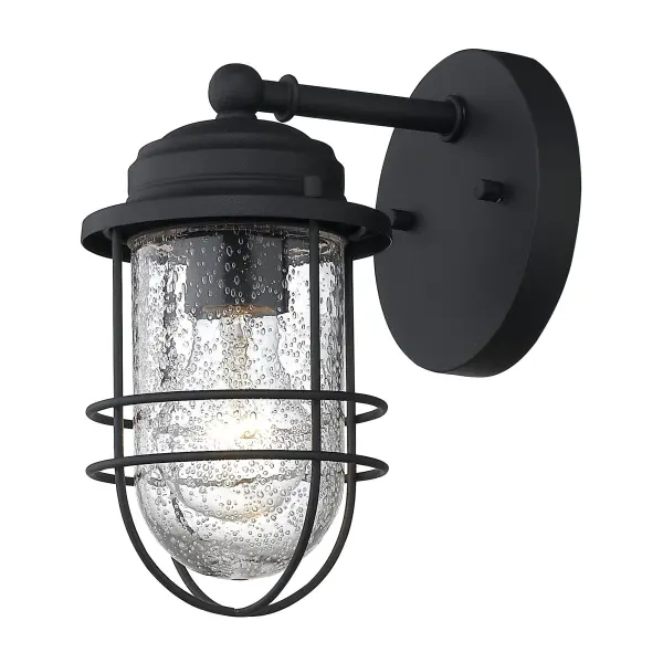 The Seaport outdoor wall sconce combines coastal elegance with practical durability. Its seeded glass shade creates beautiful light diffusion while the natural black finish adds organic appeal. Wet location rated for all-weather performance.