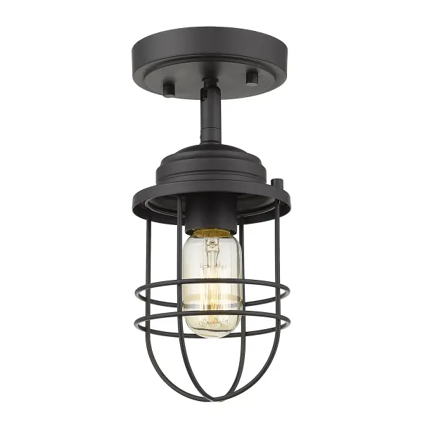 The Seaport Semi-Flush Mount brings nautical-inspired design to compact spaces with its cage structure and matte black finish. Damp-rated and sloped ceiling compatible, it's ideal for entryways, bedrooms, and bathrooms.